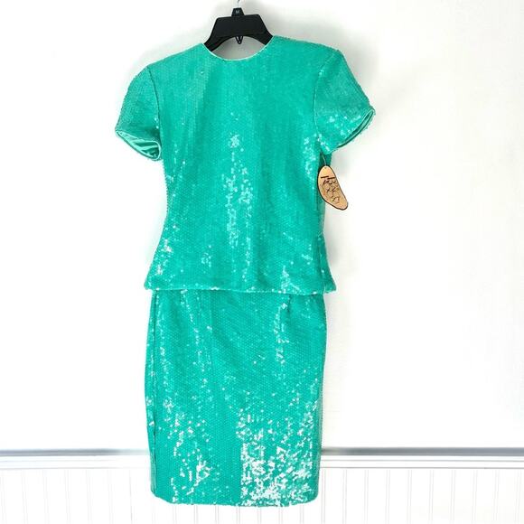 Vintage Chetta B Sherrie Bloom Peter Noviello Green Sequin two piece skirt set 6 - Picture 1 of 12